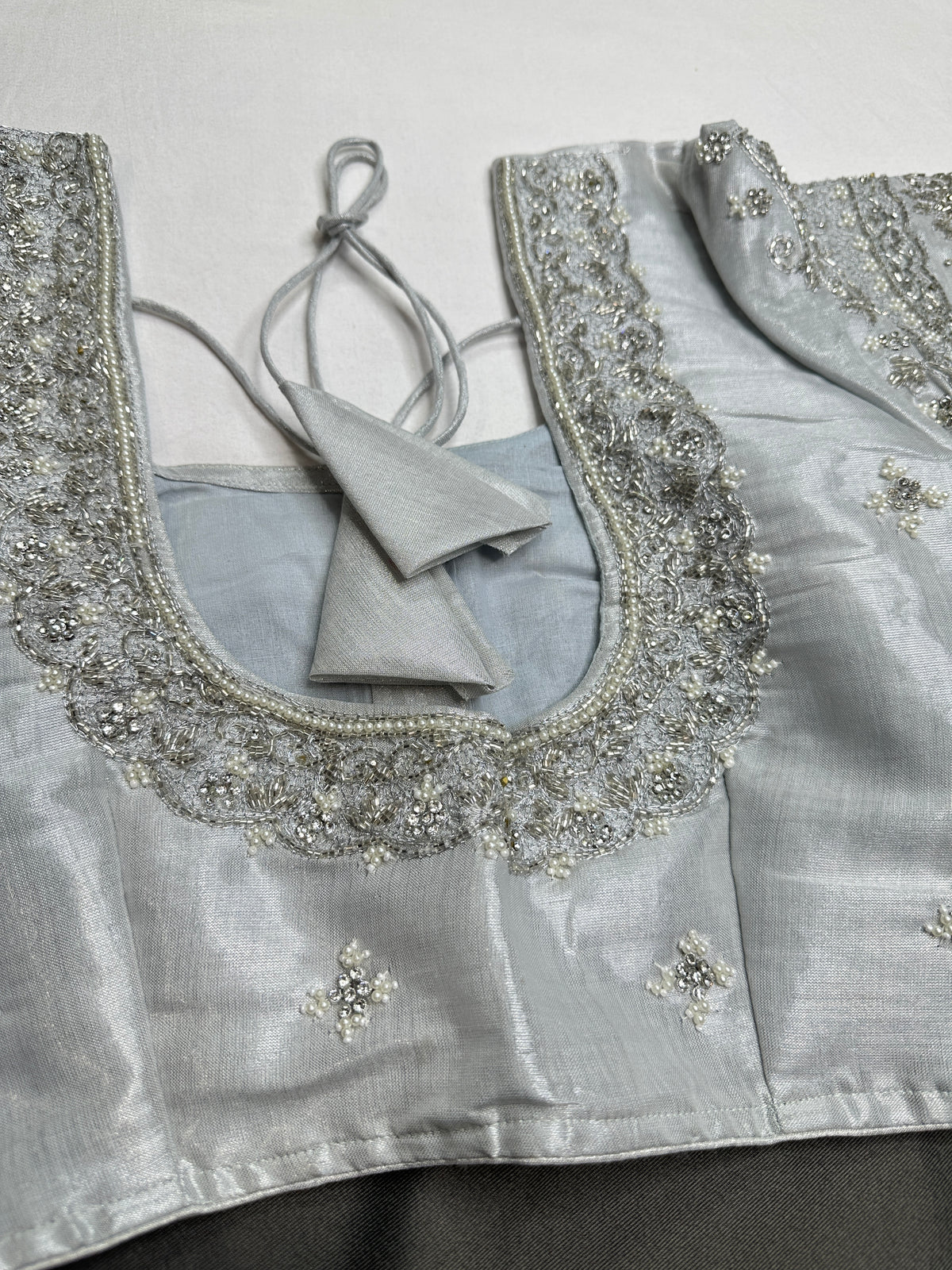 Silver Kardana Maggam Work Silk Blouse - 