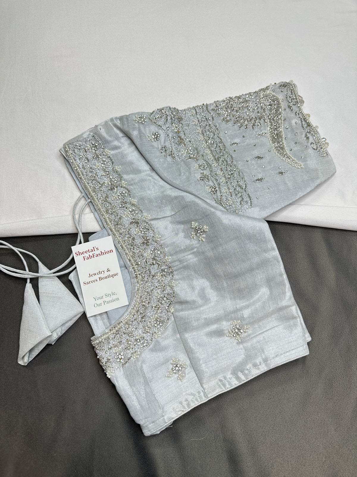 Silver Kardana Maggam Work Silk Blouse - 