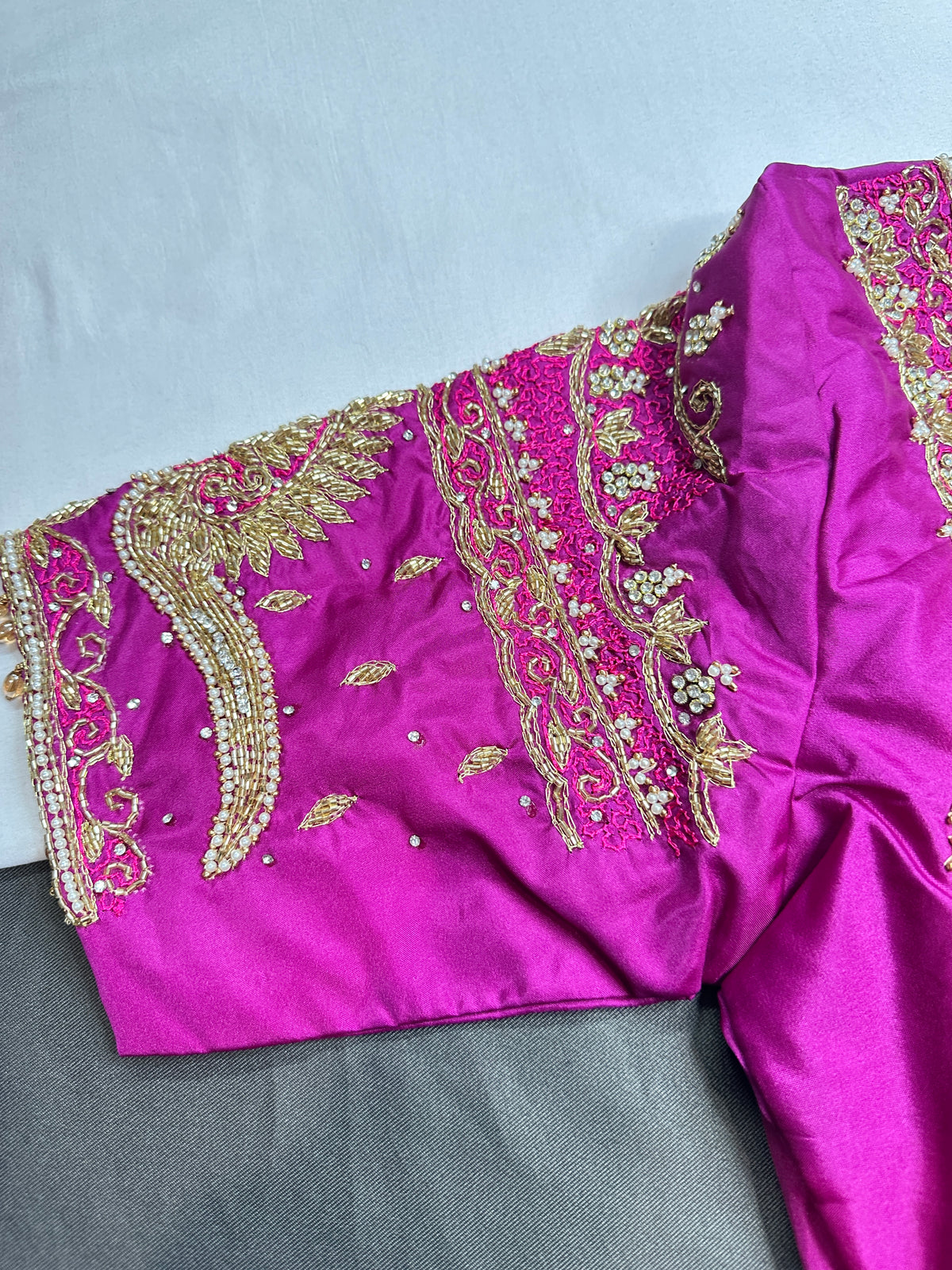 Magenta Pink Kardana Maggam Work Silk Blouse - 