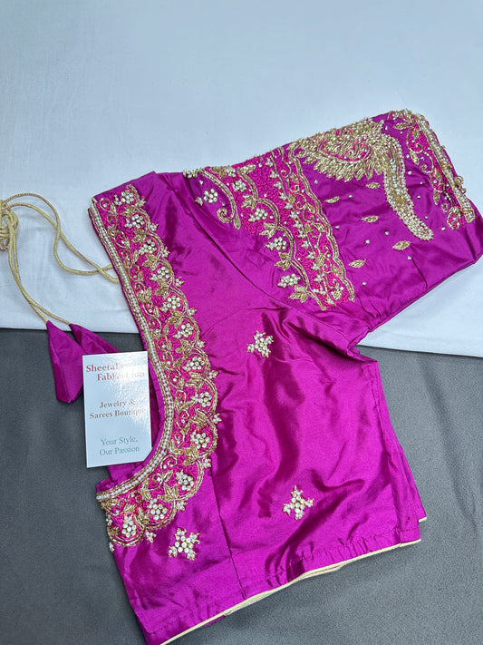 Magenta Pink Kardana Maggam Work Silk Blouse - 
