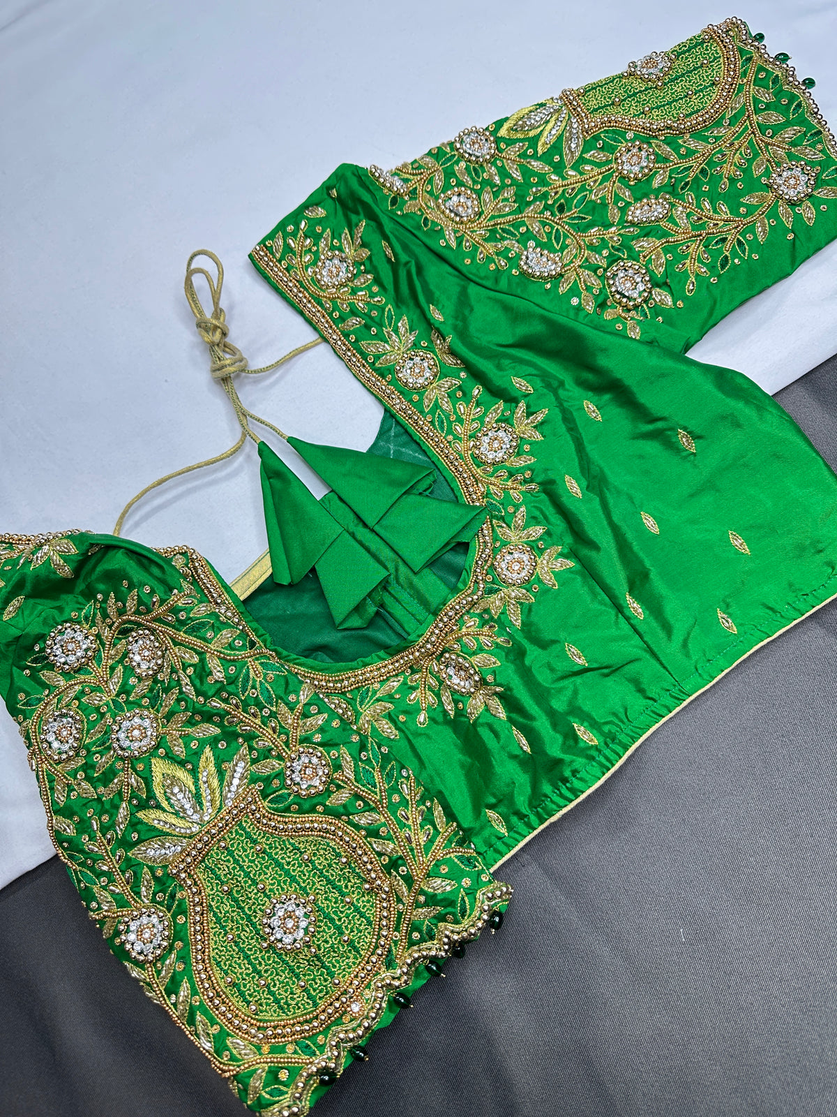 Green Pattu Silk Maggam Aari Blouse - 