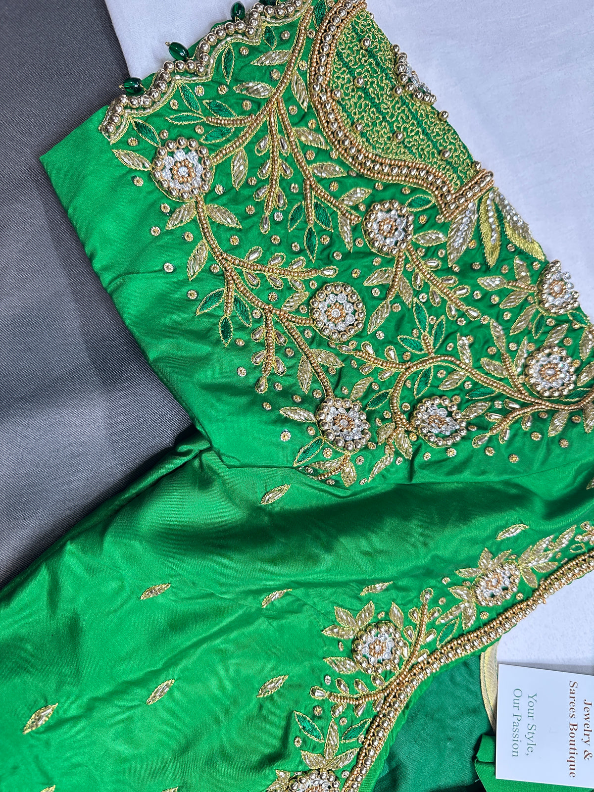 Green Pattu Silk Maggam Aari Blouse - 