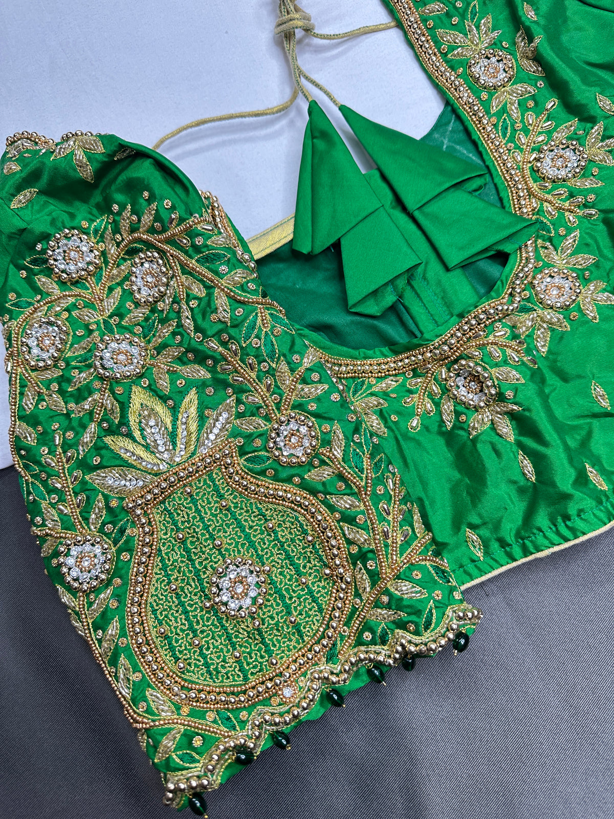Green Pattu Silk Maggam Aari Blouse - 