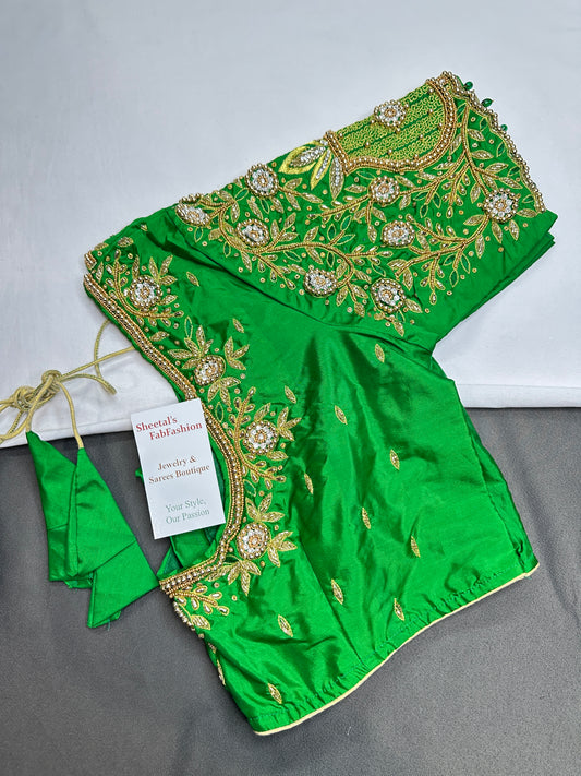 Green Pattu Silk Maggam Aari Blouse - 