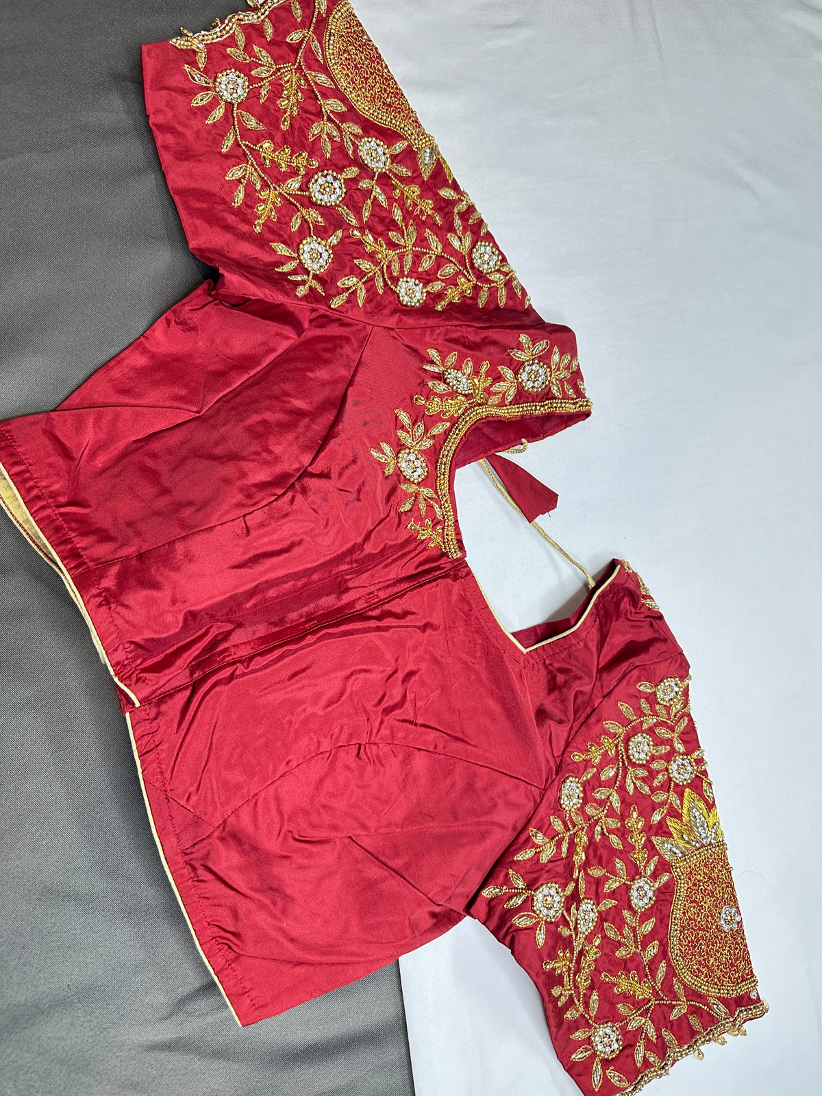 Maroon Red Pattu Silk Maggam Aari Blouse - 