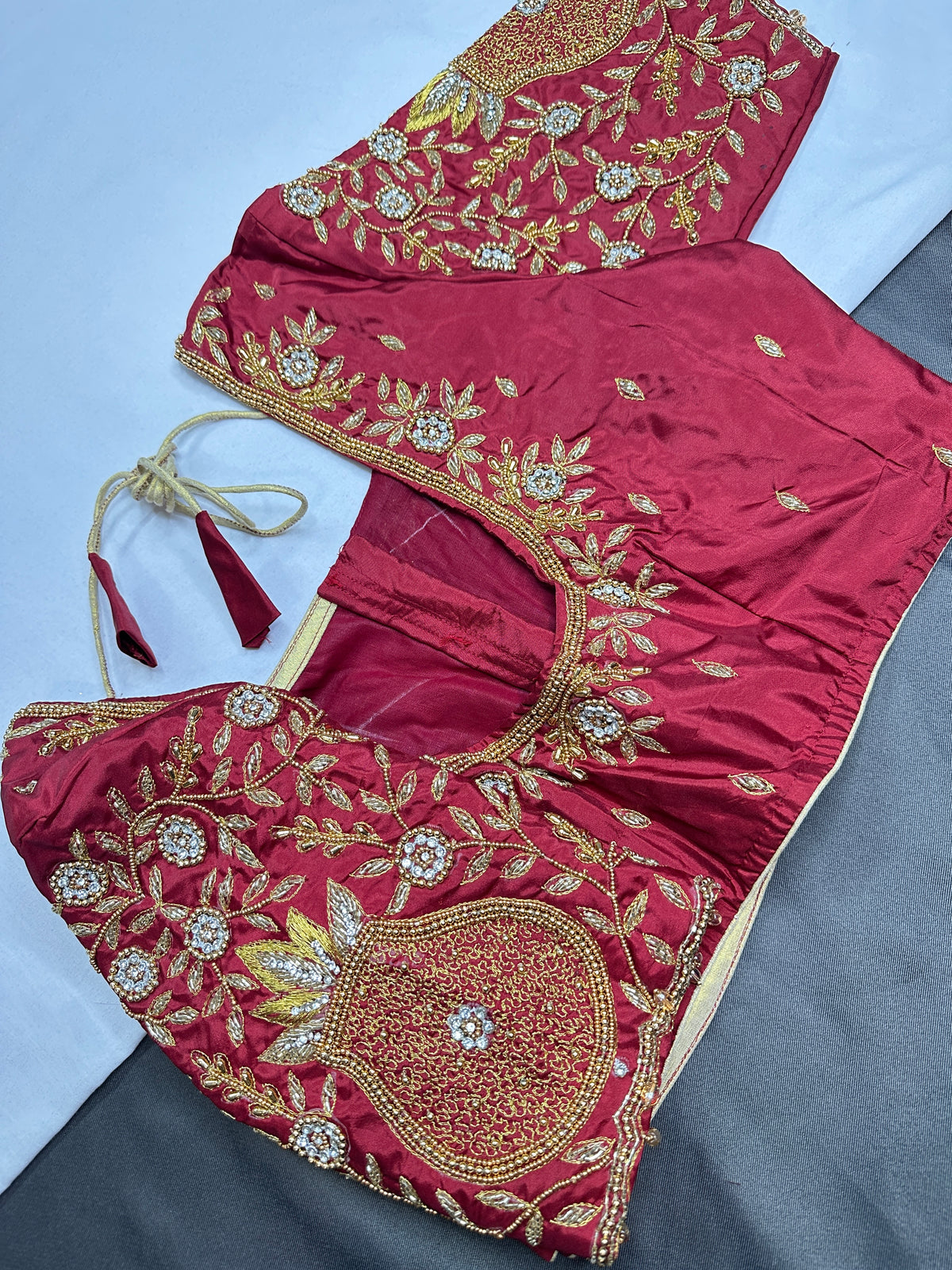 Maroon Red Pattu Silk Maggam Aari Blouse - 