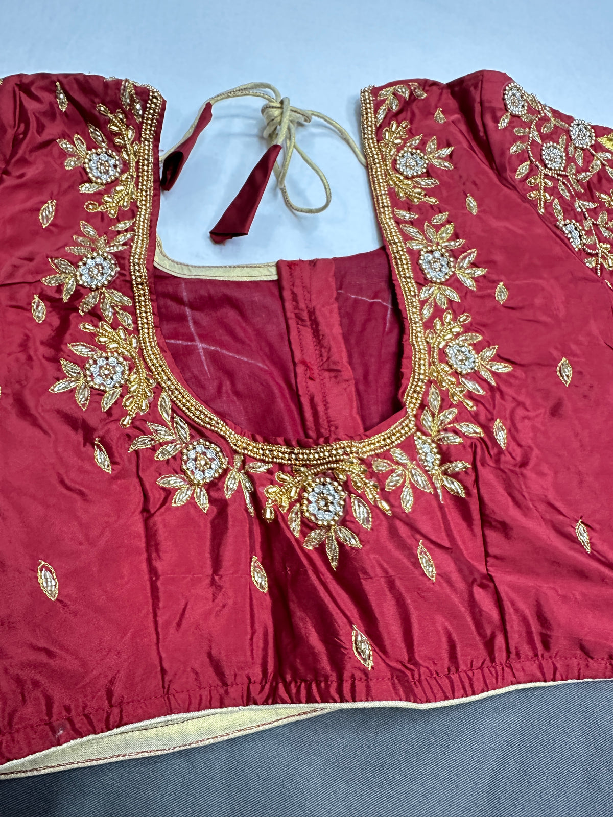 Maroon Red Pattu Silk Maggam Aari Blouse - 