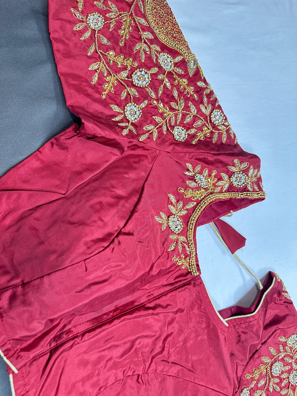 Maroon Red Pattu Silk Maggam Aari Blouse - 