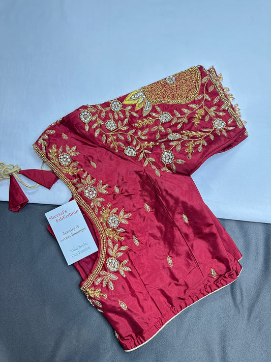 Maroon Red Pattu Silk Maggam Aari Blouse - 