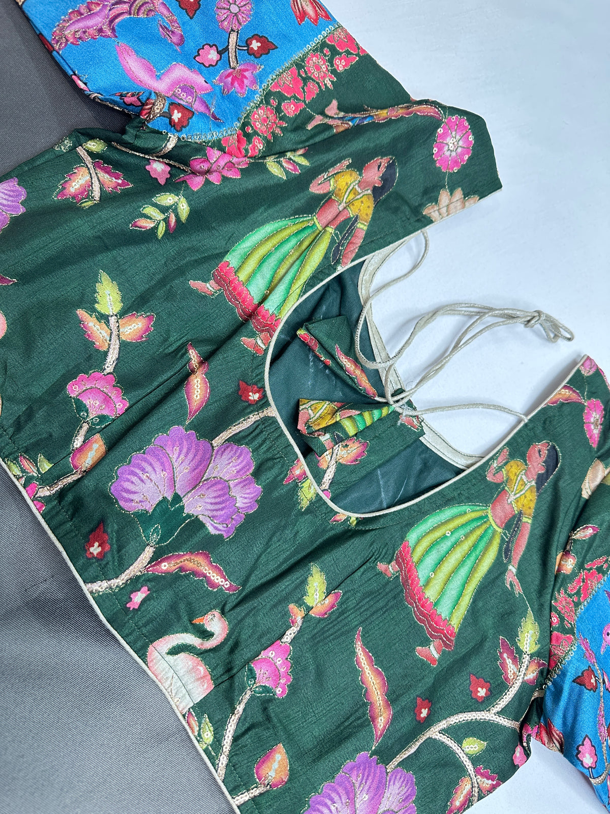 Chinnon Silk Kalamkari with Sequence Work Green Blouse - 