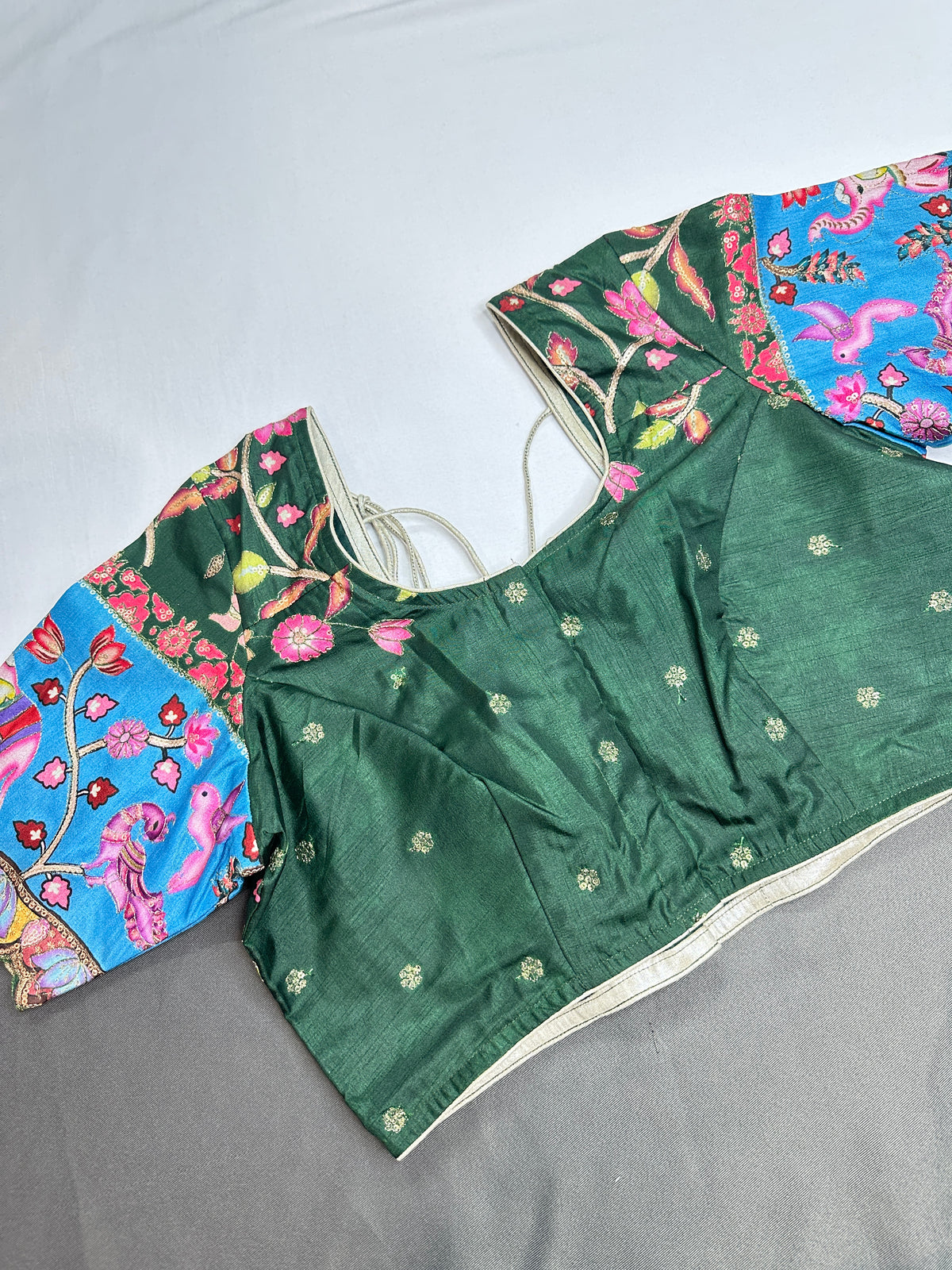 Chinnon Silk Kalamkari with Sequence Work Green Blouse - 