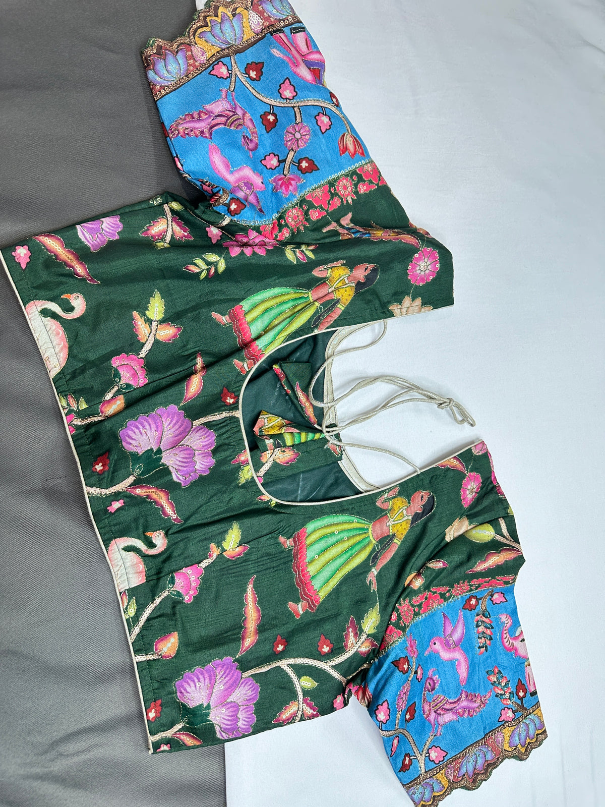 Chinnon Silk Kalamkari with Sequence Work Green Blouse - 