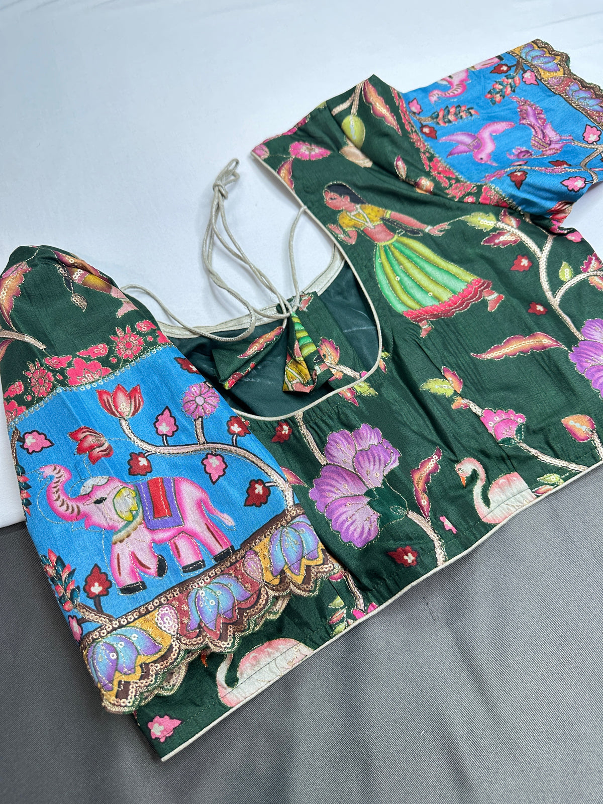Chinnon Silk Kalamkari with Sequence Work Green Blouse - 