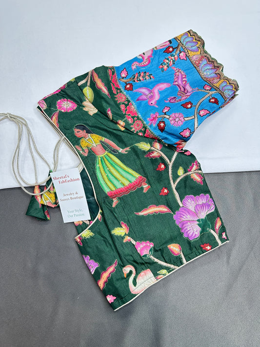 Chinnon Silk Kalamkari with Sequence Work Green Blouse - 