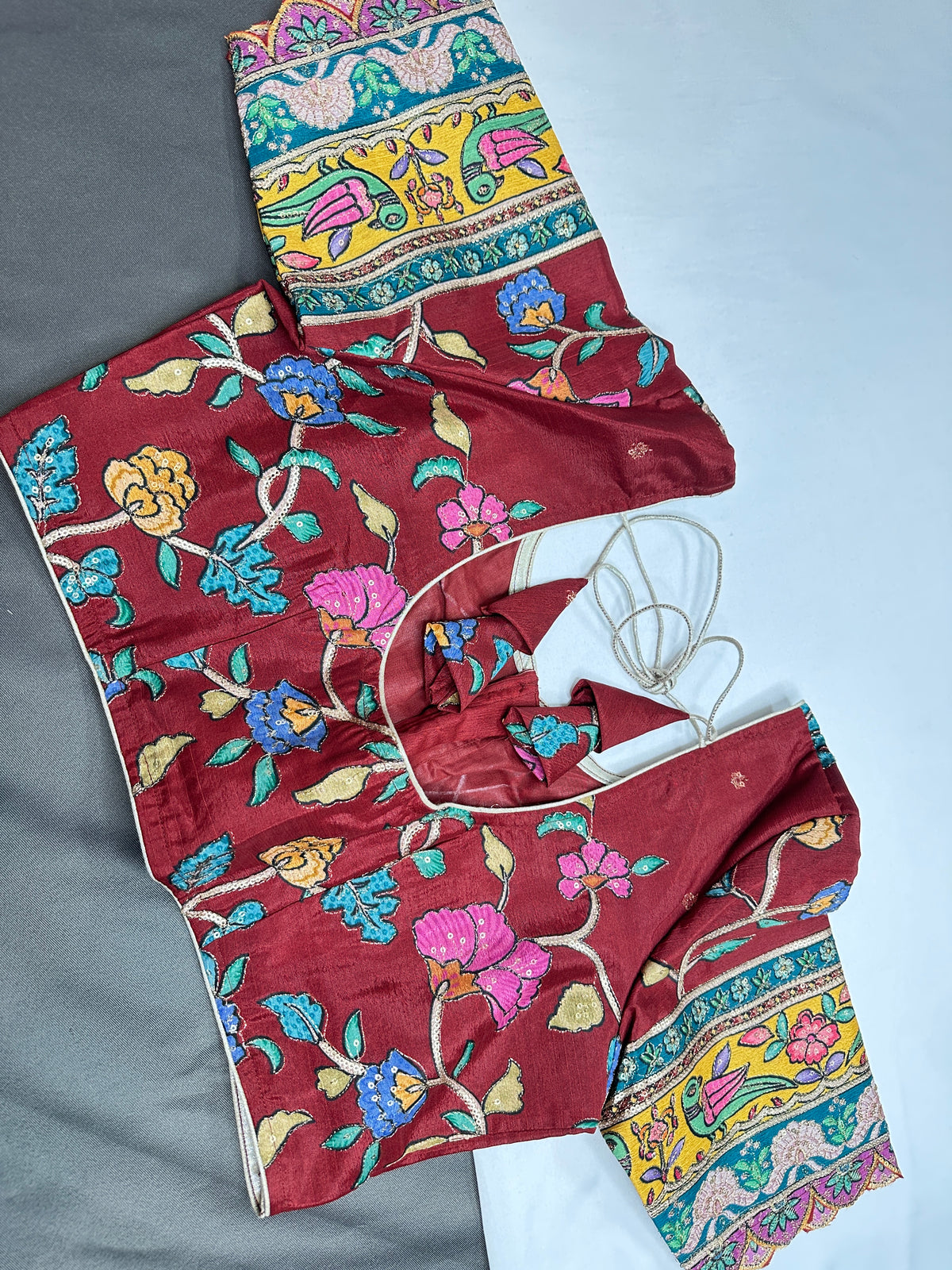 Chinnon Silk Kalamkari with Sequence Work Brown Blouse - 