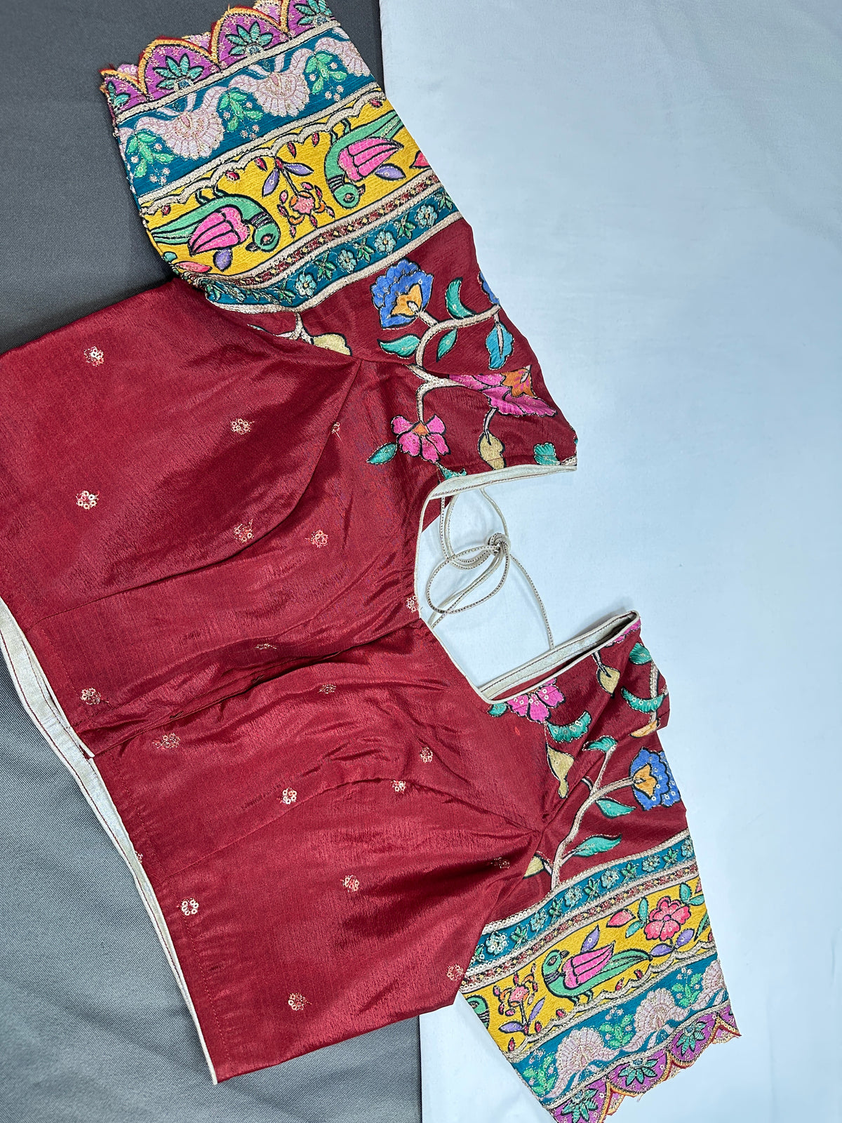 Chinnon Silk Kalamkari with Sequence Work Brown Blouse - 