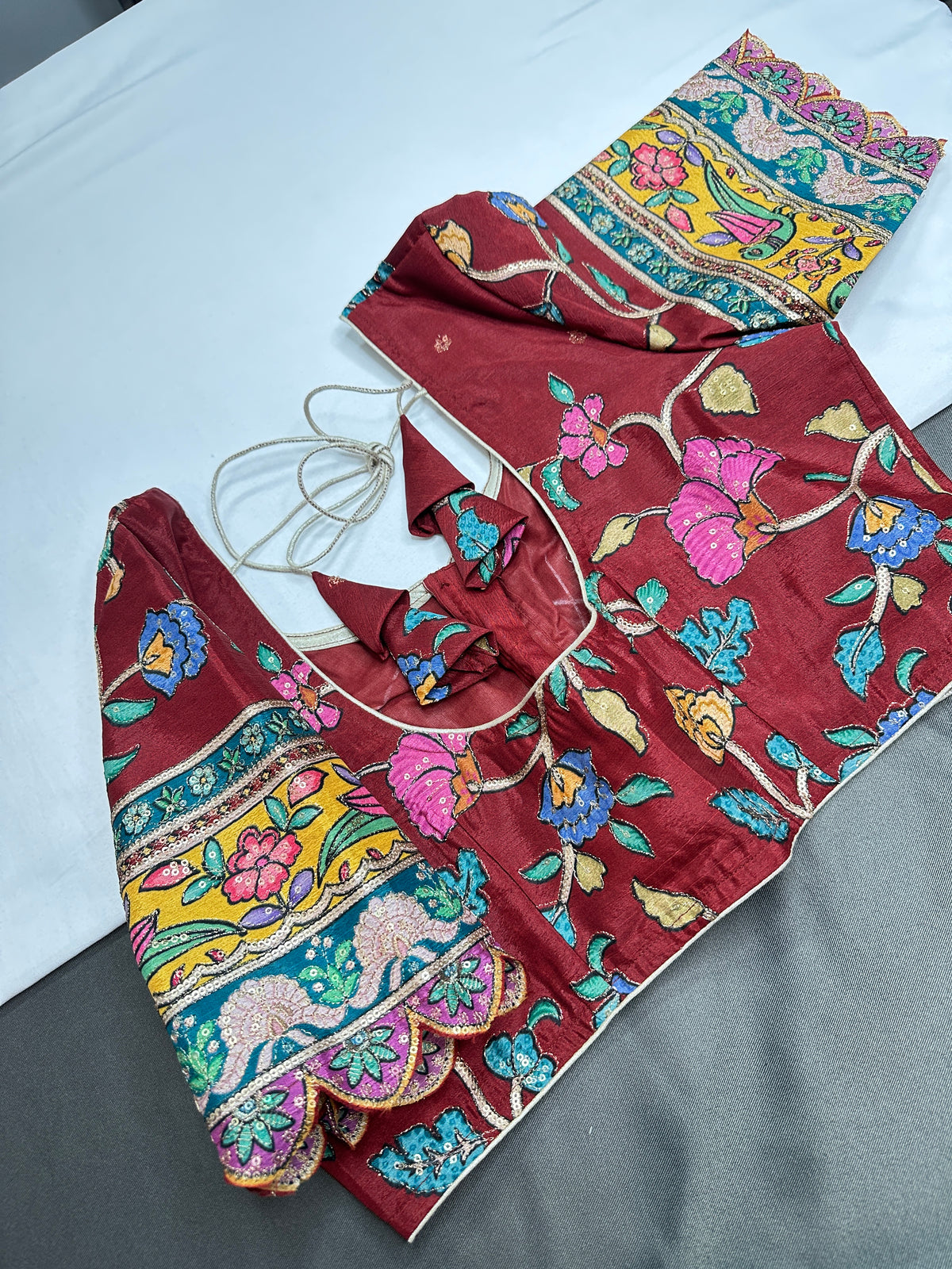 Chinnon Silk Kalamkari with Sequence Work Brown Blouse - 