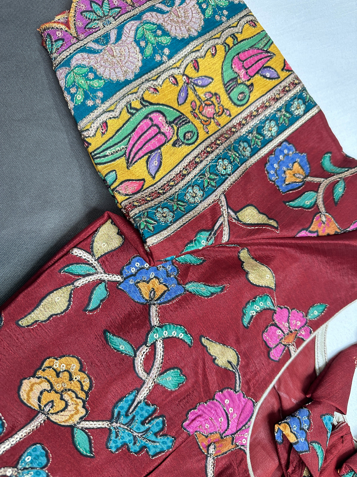 Chinnon Silk Kalamkari with Sequence Work Brown Blouse - 