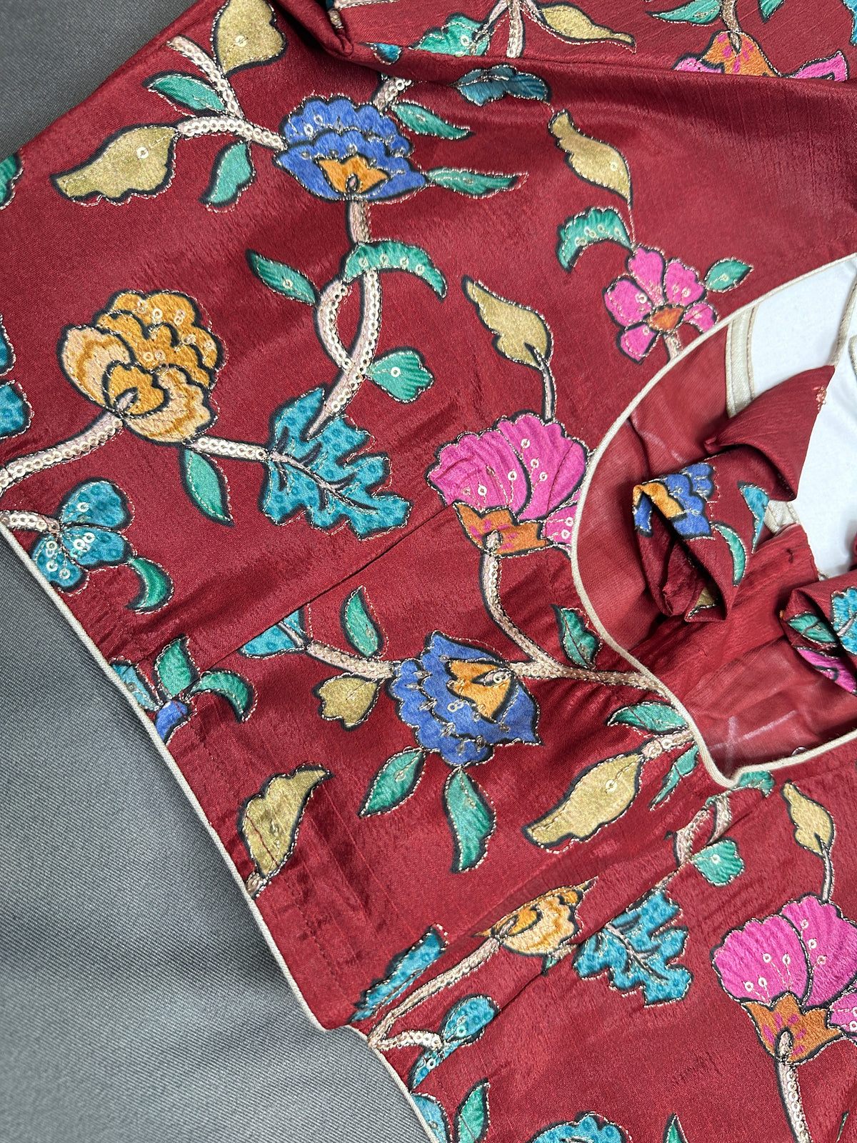 Chinnon Silk Kalamkari with Sequence Work Brown Blouse - 