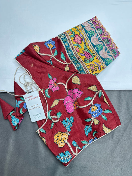 Chinnon Silk Kalamkari with Sequence Work Brown Blouse - 