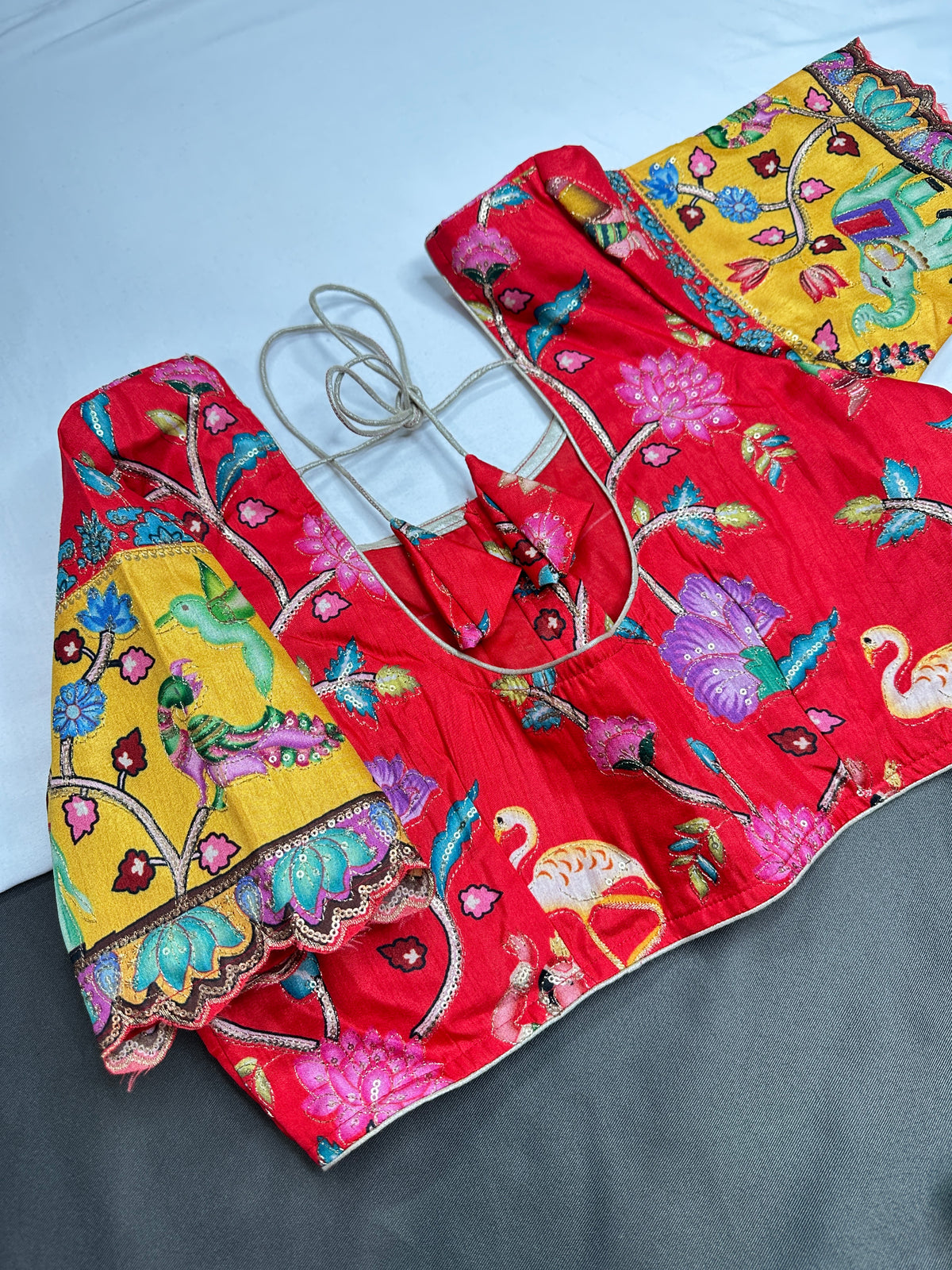 Chinnon Silk Kalamkari with Sequence Work Red Blouse - 