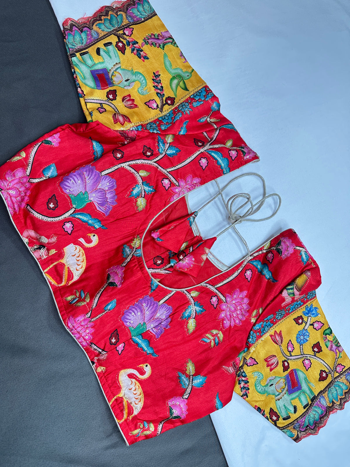 Chinnon Silk Kalamkari with Sequence Work Red Blouse - 