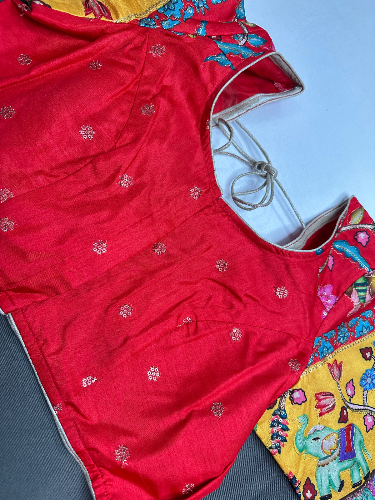 Chinnon Silk Kalamkari with Sequence Work Red Blouse - 