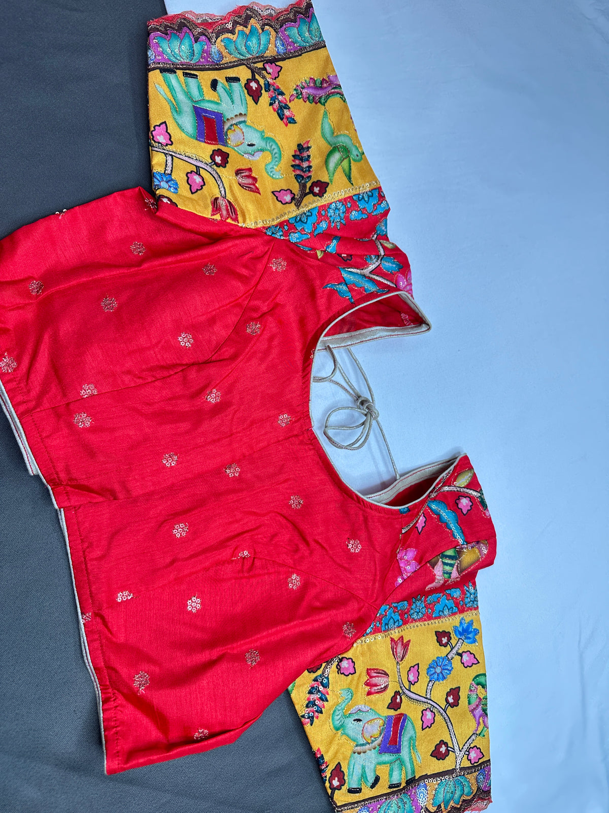 Chinnon Silk Kalamkari with Sequence Work Red Blouse - 