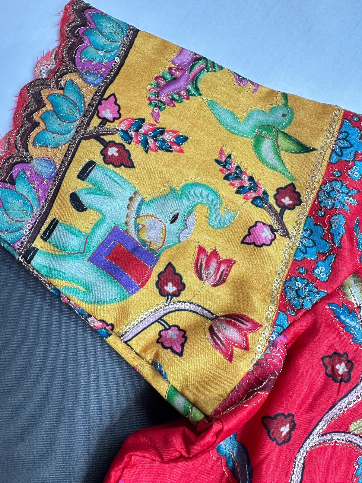 Chinnon Silk Kalamkari with Sequence Work Red Blouse - 