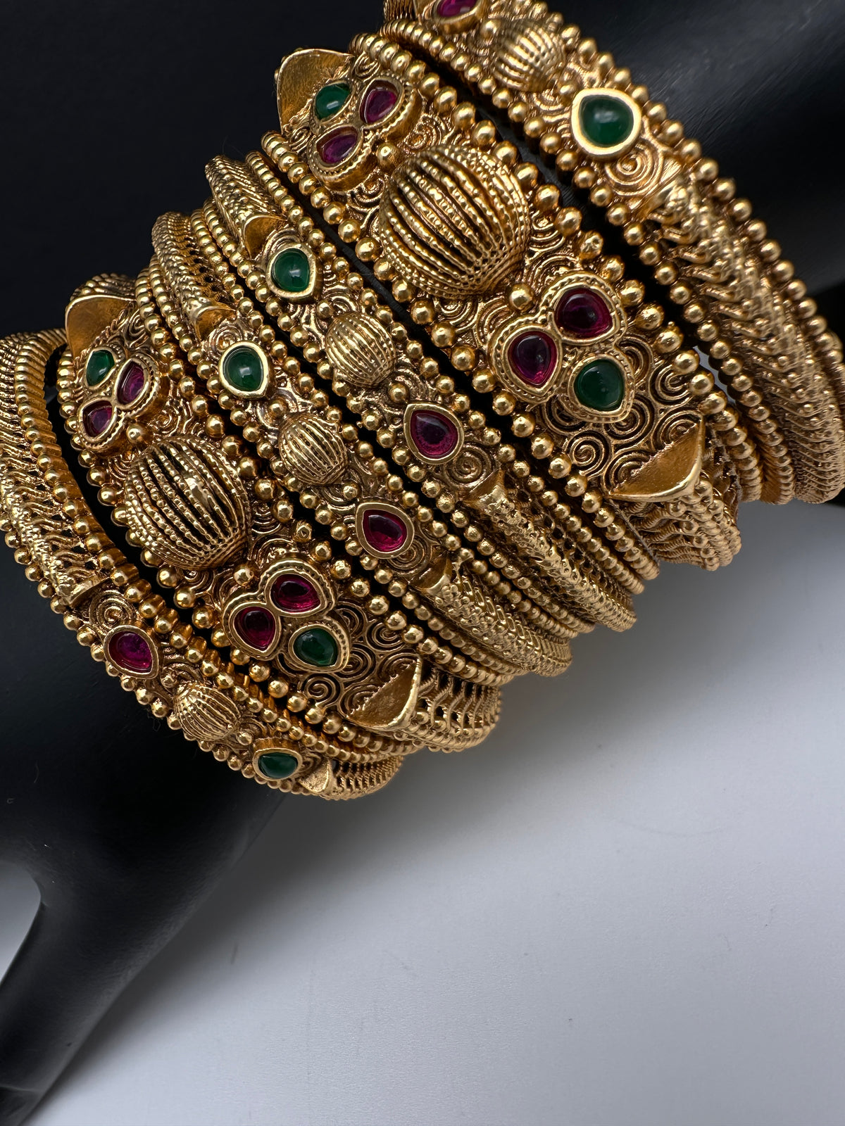 Golden Matte Finish Red Green Stone Bangles - 2.8