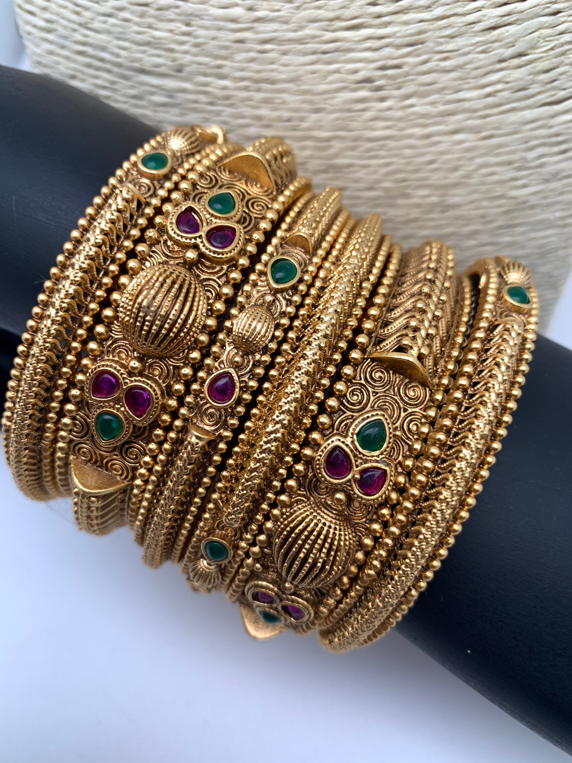 Golden Matte Finish Red Green Stone Bangles - 2.8