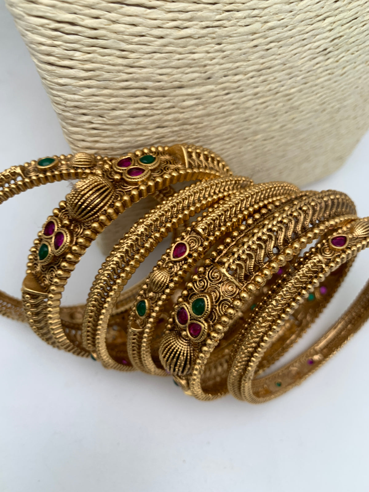 Golden Matte Finish Red Green Stone Bangles - 2.8