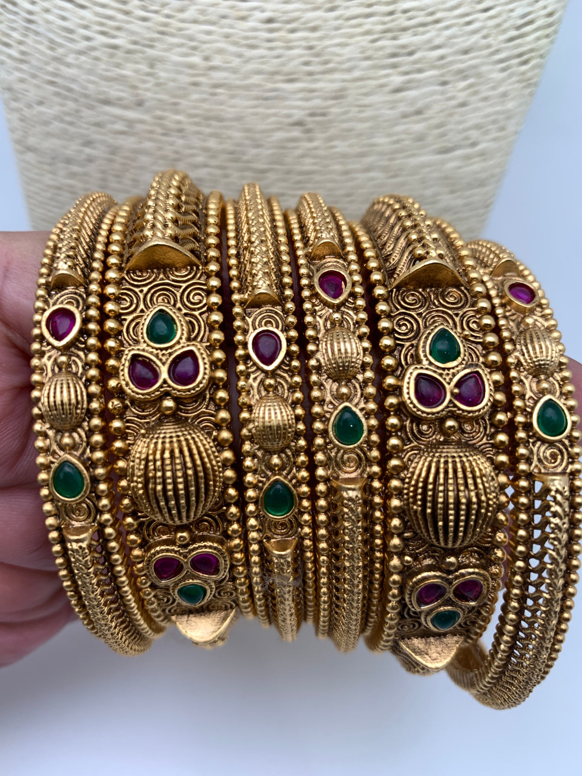 Golden Matte Finish Red Green Stone Bangles - 2.8