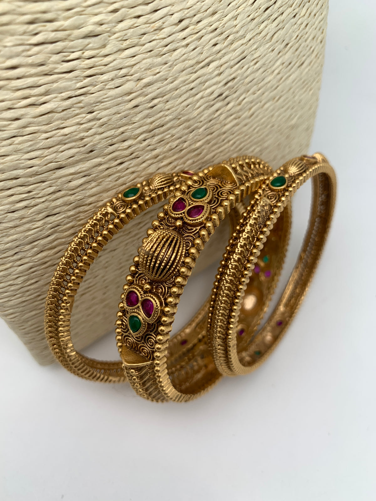 Golden Matte Finish Red Green Stone Bangles - 2.8