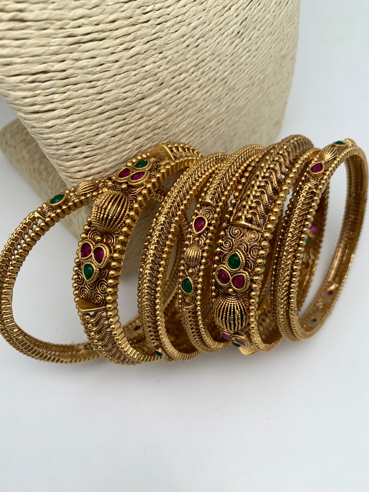 Golden Matte Finish Red Green Stone Bangles - 2.8