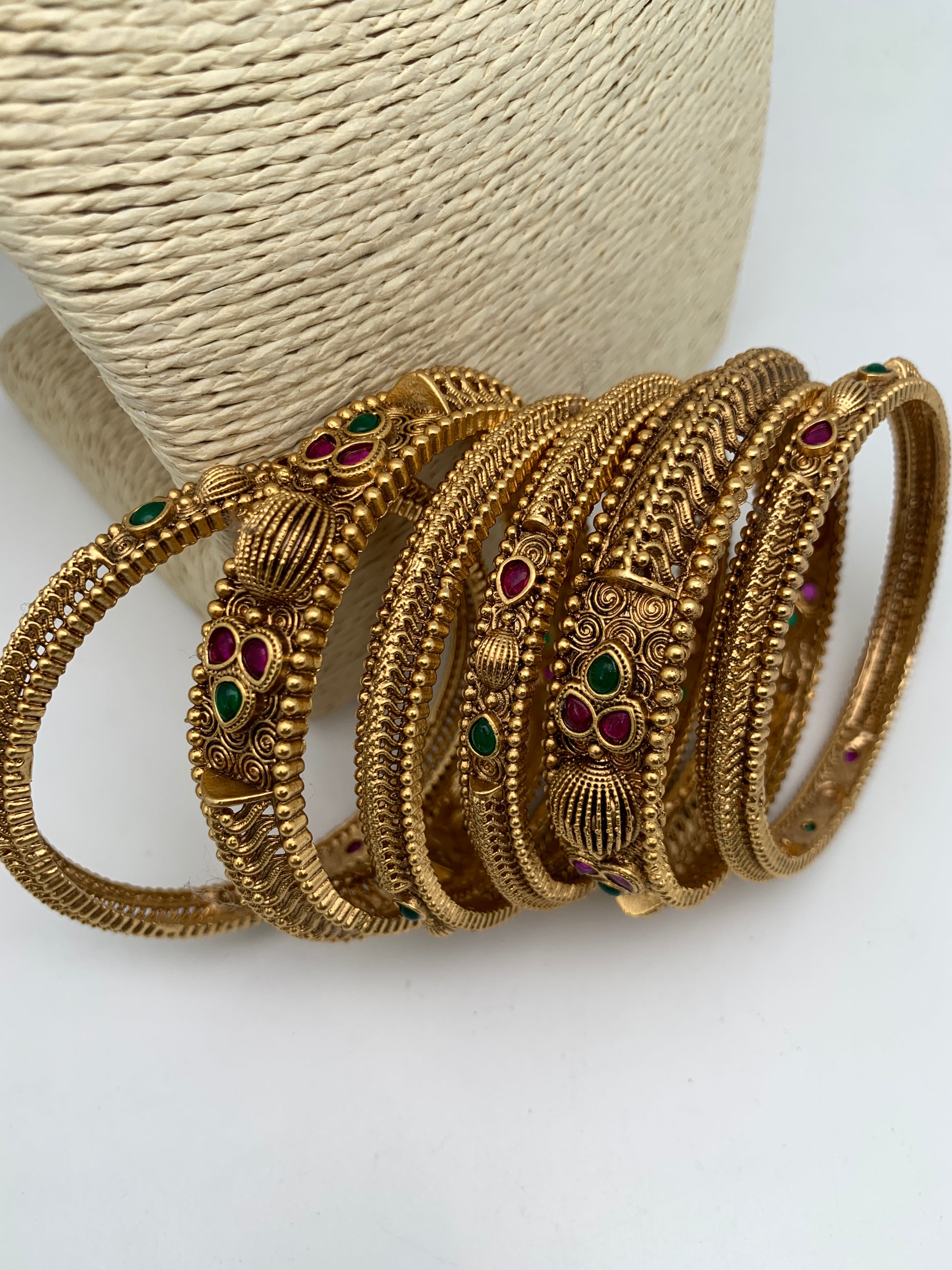 Golden Matte Finish Red Green Stone Bangles - 2.8