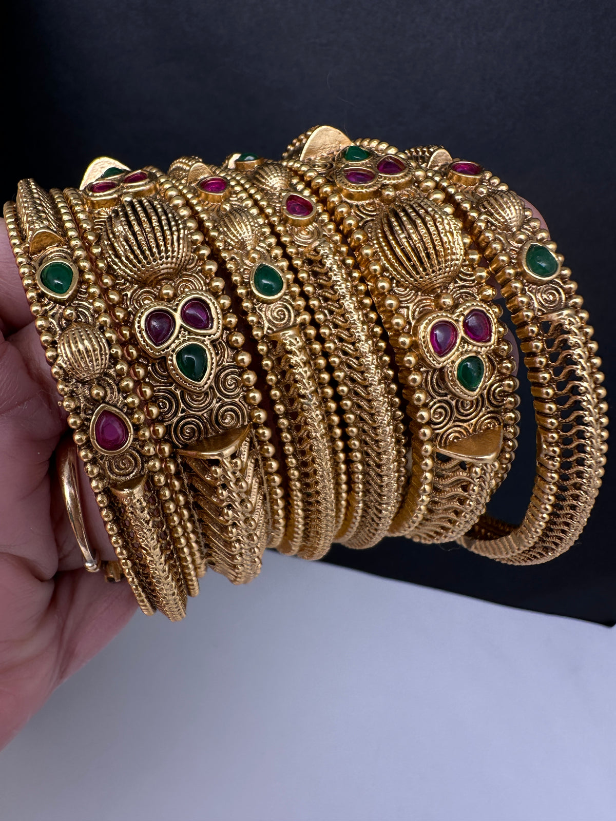 Golden Matte Finish Red Green Stone Bangles - 2.8