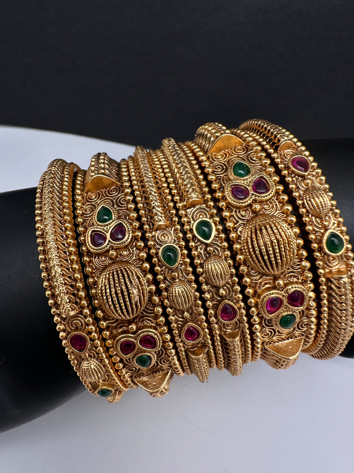 Golden Matte Finish Red Green Stone Bangles - 2.8