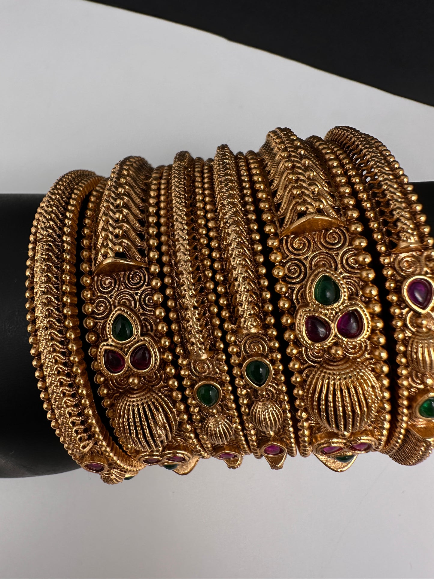 Golden Matte Finish Red Green Stone Bangles - 2.8