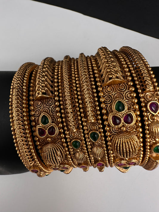 Golden Matte Finish Red Green Stone Bangles - 2.8