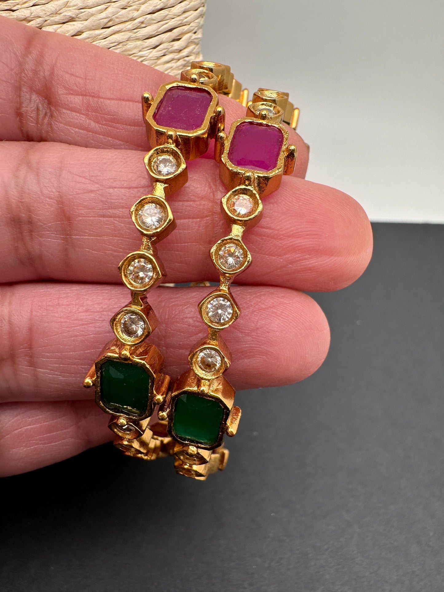 AD Red Green Multi Stone Matte Finish Bangles