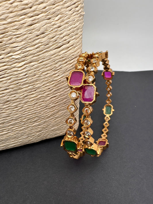AD Red Green Multi Stone Matte Finish Bangles