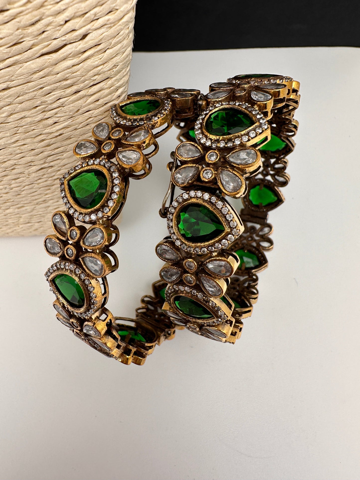 American Diamond Emerald Mehendi FInish Bangles