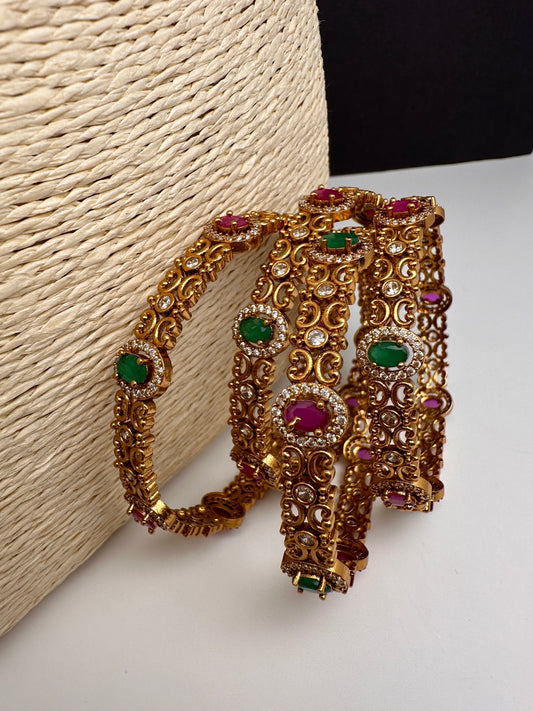 Matte Red GreenStone Multi Color Bangles-Set of 4