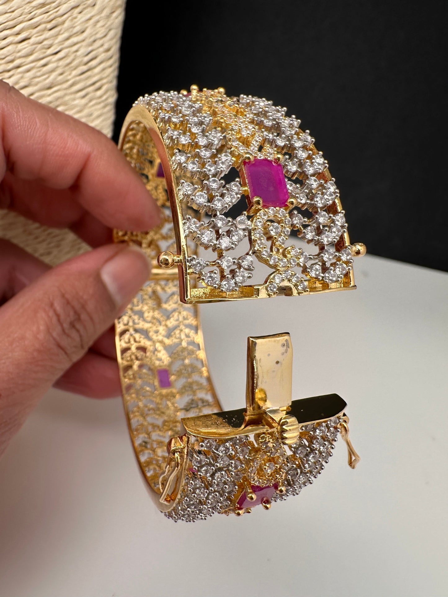 Ruby Pink CZ Openable Single Kada Bangle