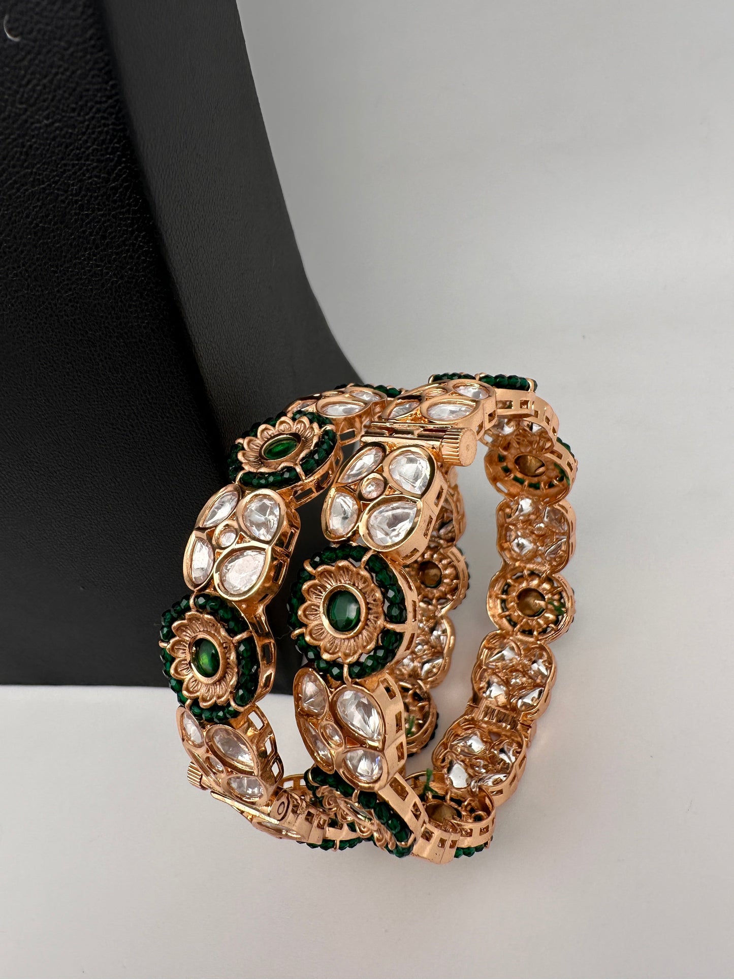Kundan Green Beads Openable Kada Bangles