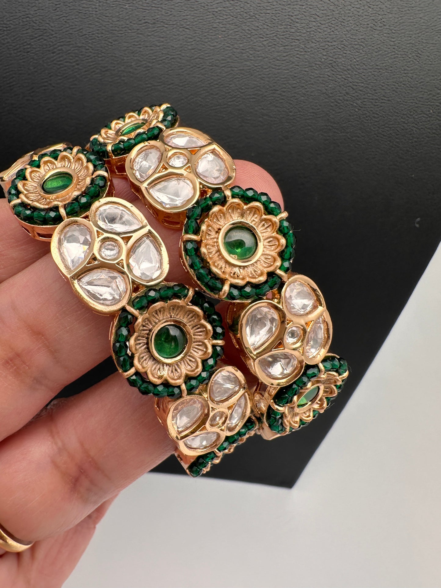Kundan Green Beads Openable Kada Bangles