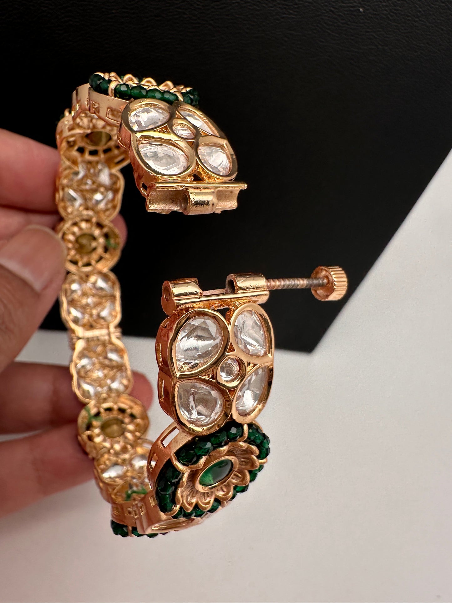Kundan Green Beads Openable Kada Bangles