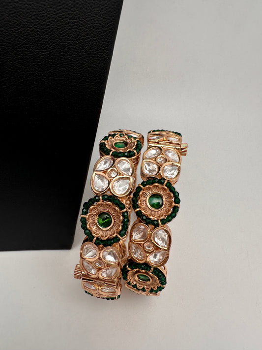 Kundan Green Beads Openable Kada Bangles