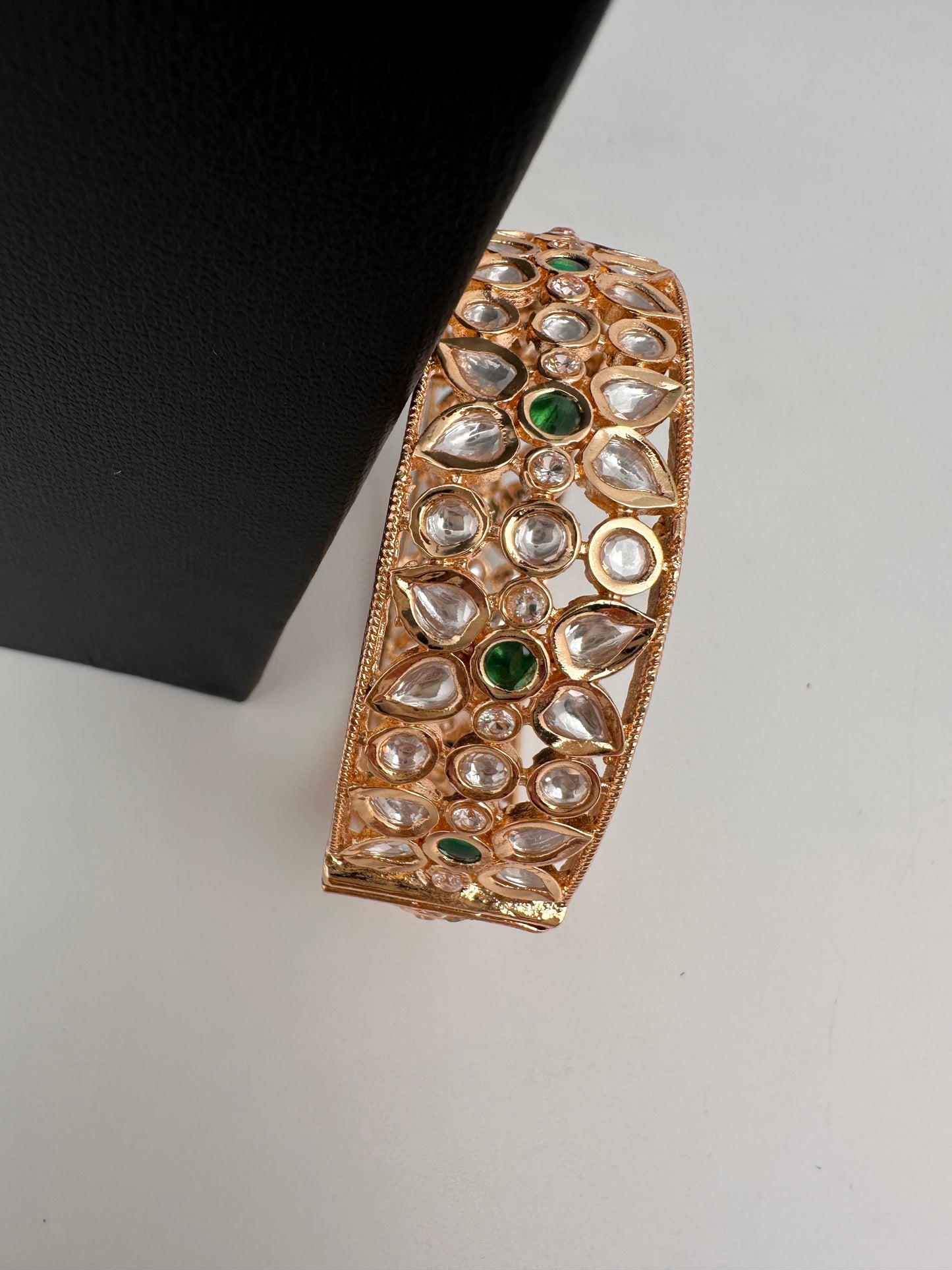 Kundan Floral Green Openable Kada Single Bangle